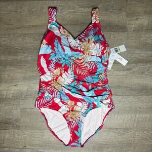 Jantzen Watermelon Tropical Floral Print One Piece UPF 50 Tummy Control Swimsuit